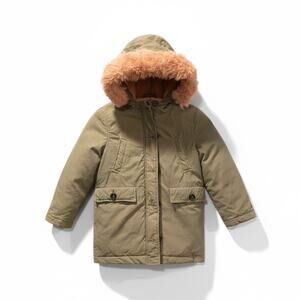 Girls Mini Boden Faux Fur Hooded Parka Coat Olive Green Pink 6/7